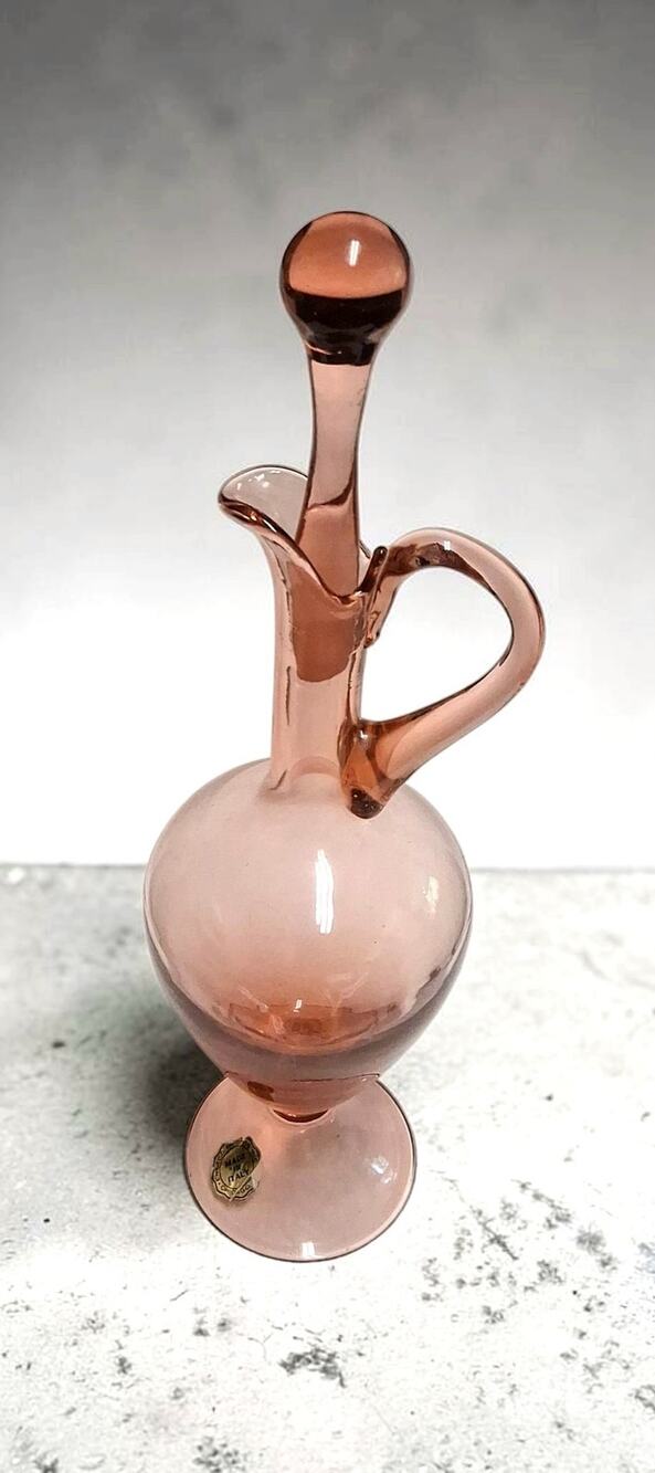 Vintage Italian Pink Glass Ewer Genie Bottle Decanter Stopper